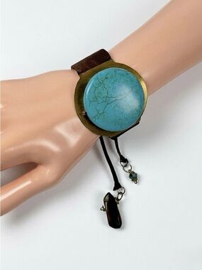VTG Handmade Turquoise Bracelet Leather Tassel Boho Western Gemstone Geometric
